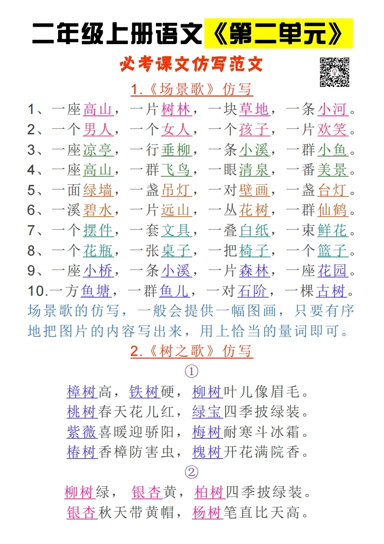 二年级上册语文《第二单元》必考课文仿写范文-学芽网