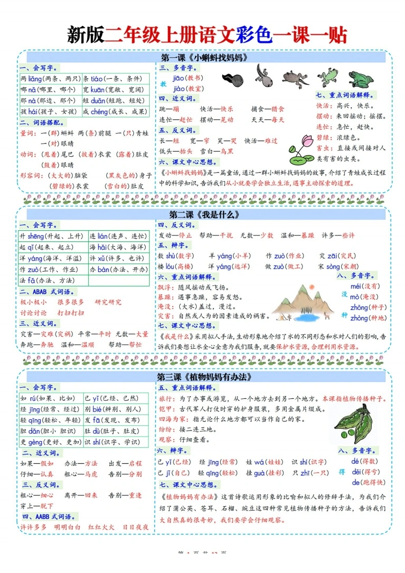 二年级上册语文一课一贴彩色课课贴-学芽网
