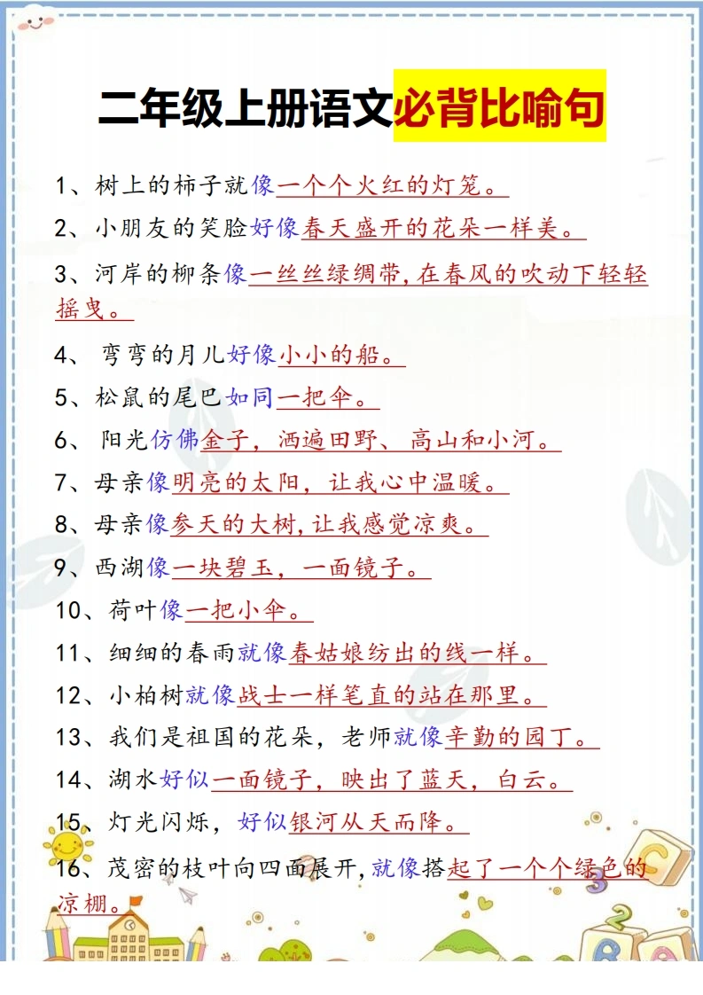 二年级上册语文必背比喻句汇总-学芽网