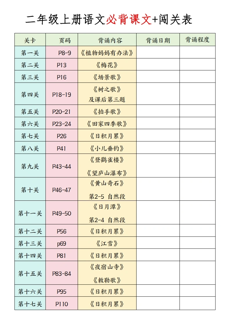 二年级上册语文必背课文-闯关表-学芽网