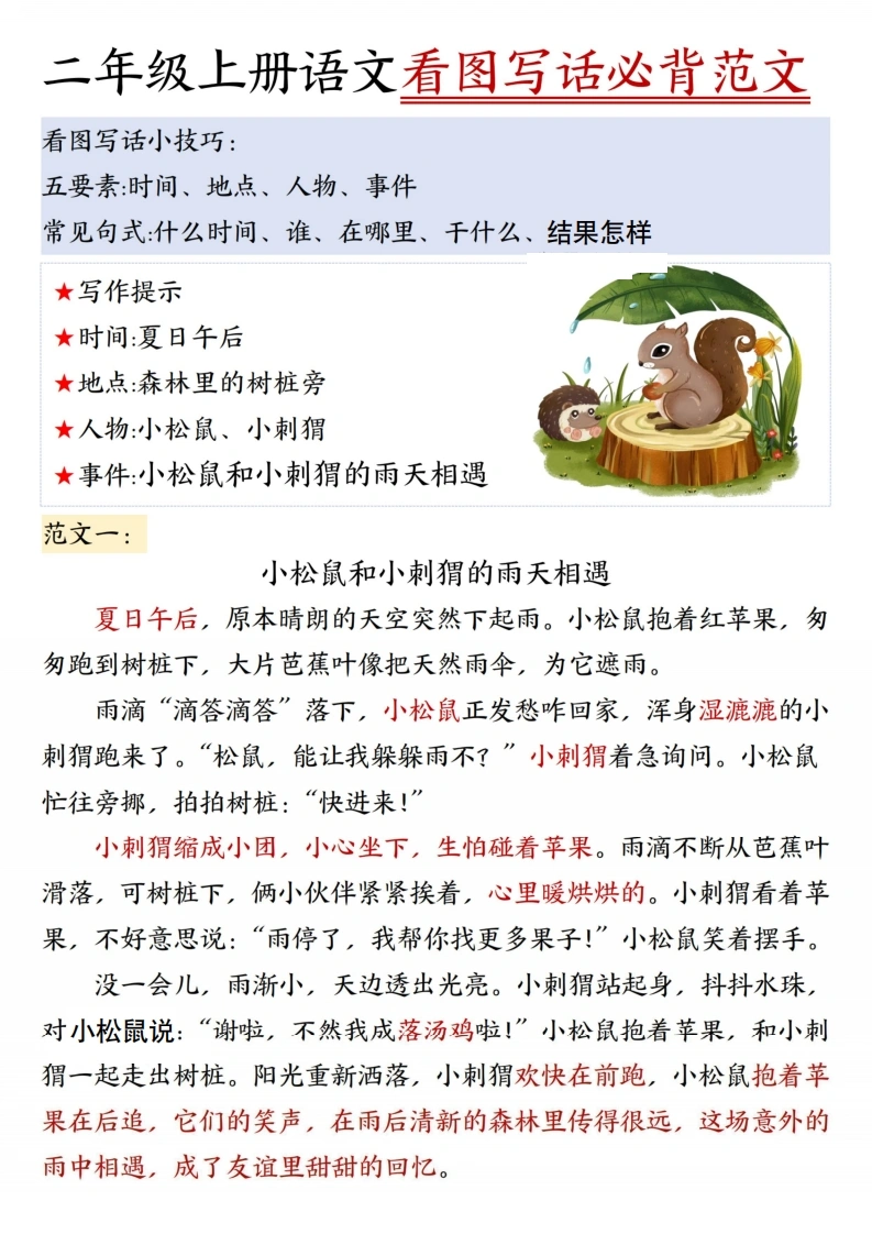 二年级上册语文看图写话必背范文-学芽网