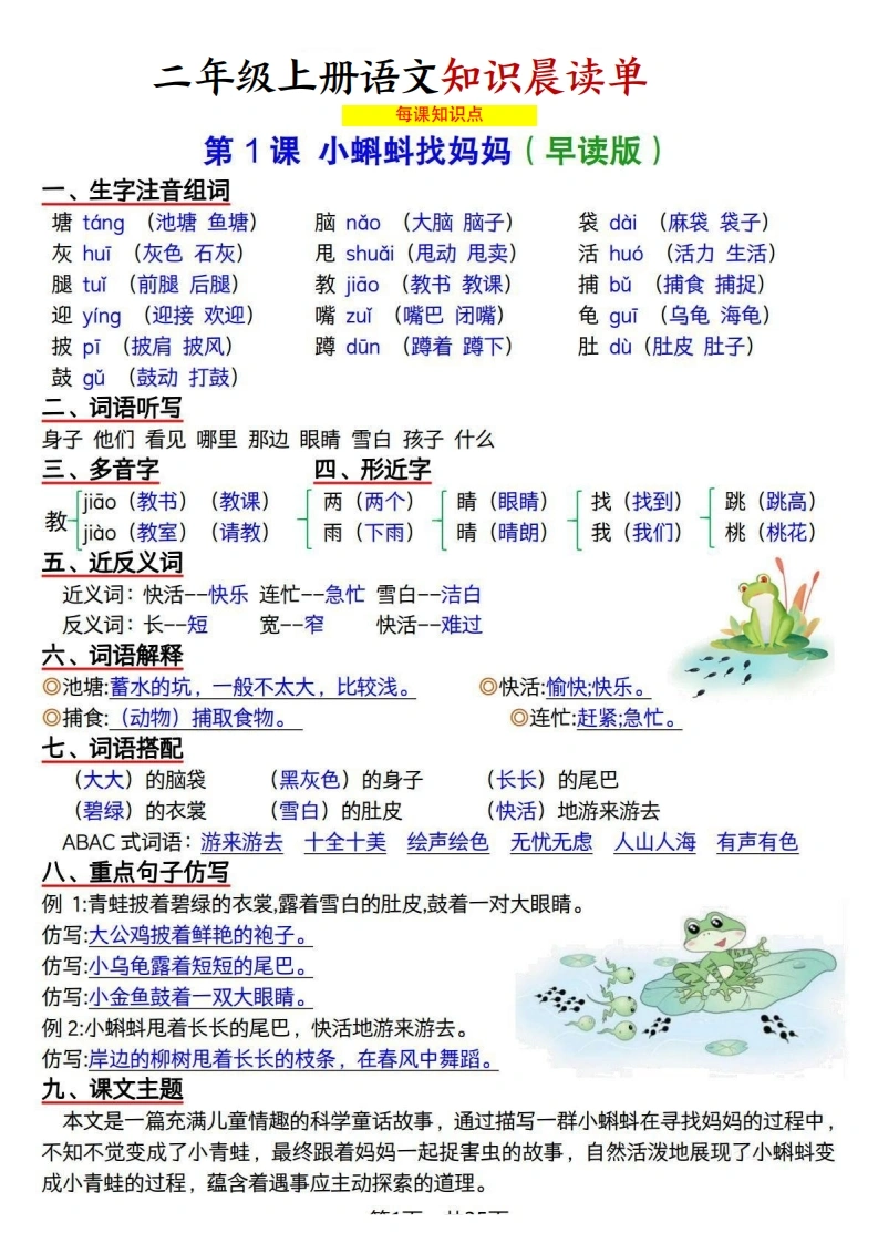 二年级上册语文知识晨读单-学芽网