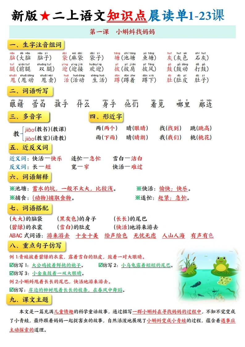 二年级上册语文知识点晨读单1-23课-学芽网