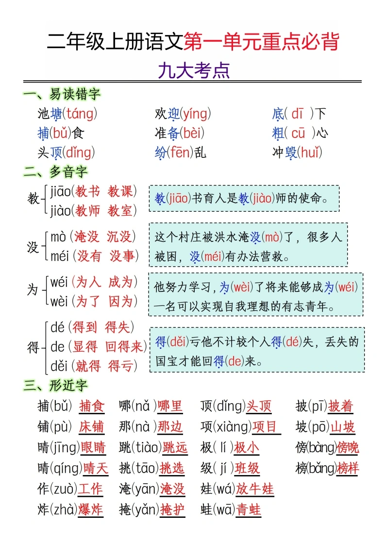 二年级上册语文第一单元重点必背九大考点-学芽网