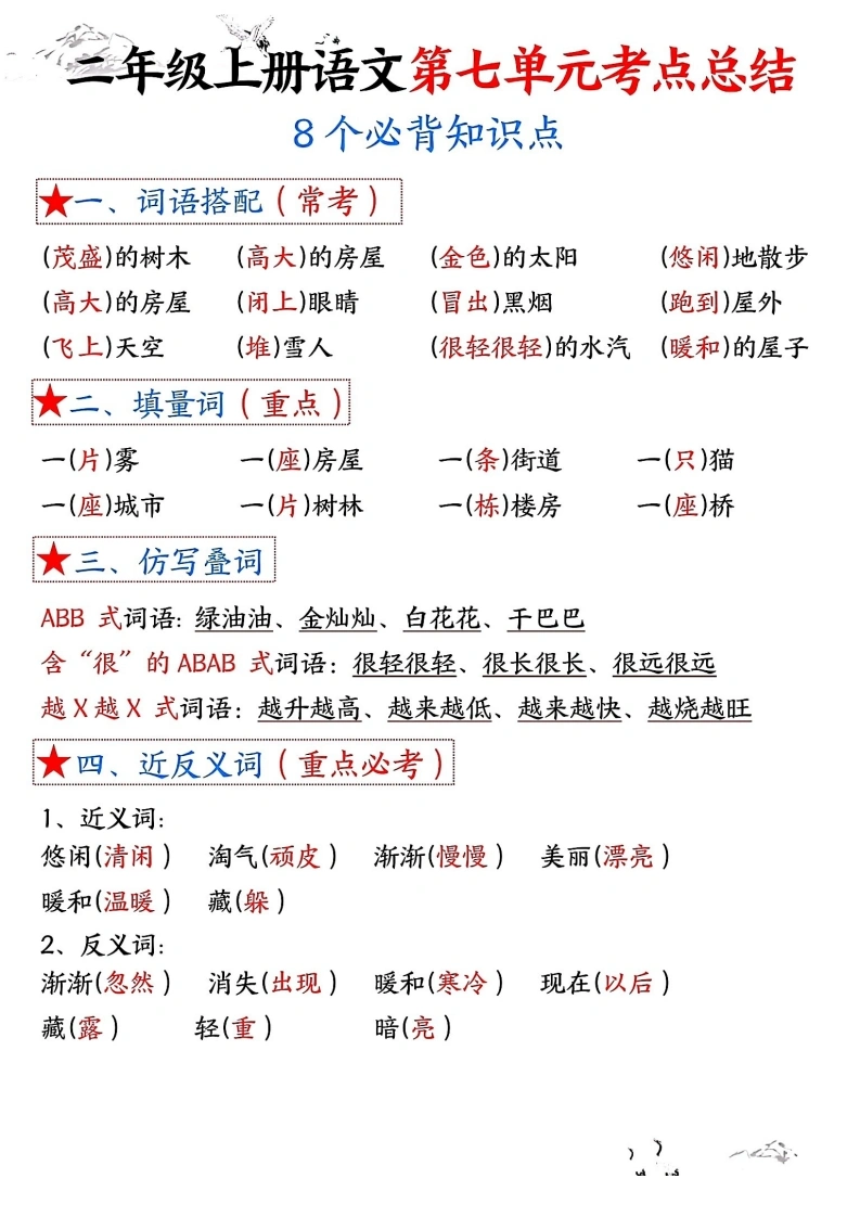 二年级上册语文第七单元考点总结8个必背知识点（含空白版）-学芽网