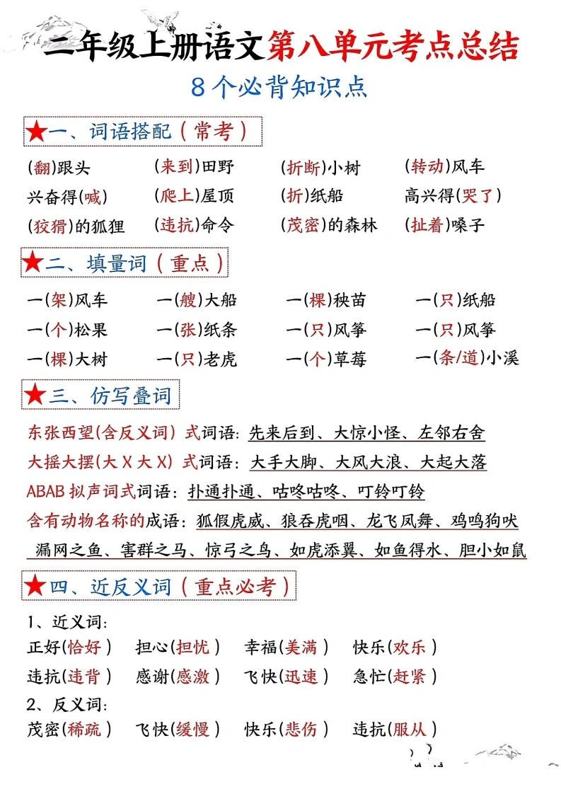 二年级上册语文第八单元考点总结8个必背知识点（含空白版）-学芽网