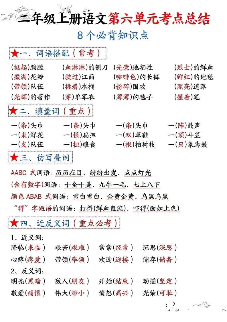 二年级上册语文第六单元考点总结8个必背知识点（含空白版）-学芽网