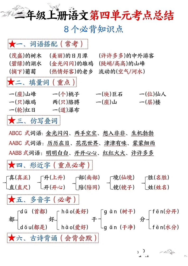 二年级上册语文第四单元考点总结8个必背知识点（含空白版）-学芽网