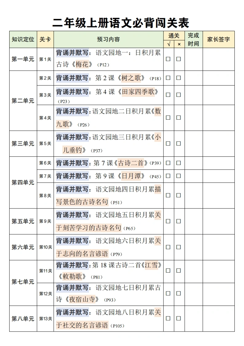 二年级上册语文课文必背闯关表-学芽网