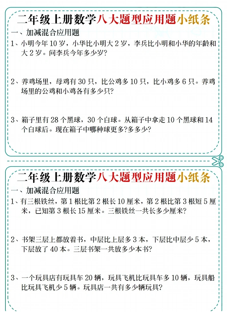 二年级上数学八大题型应用题小纸条-学芽网