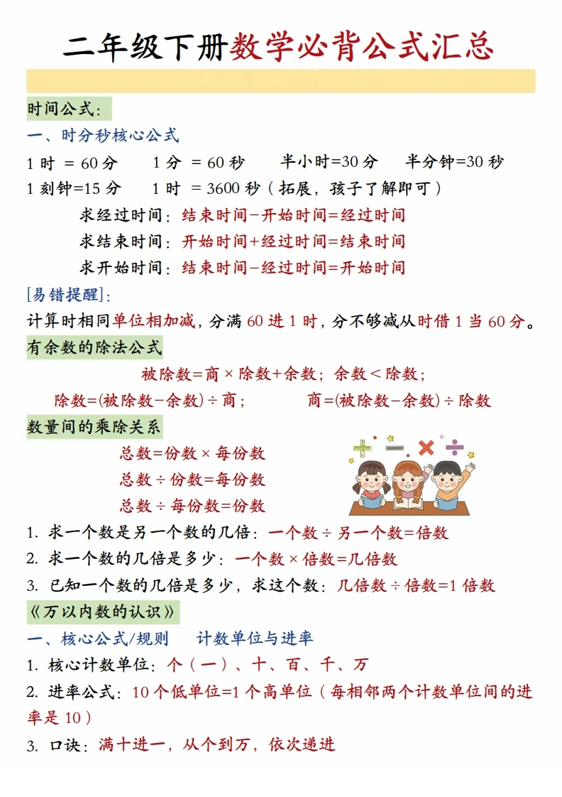 二年级下册数学必背公式汇总-学芽网