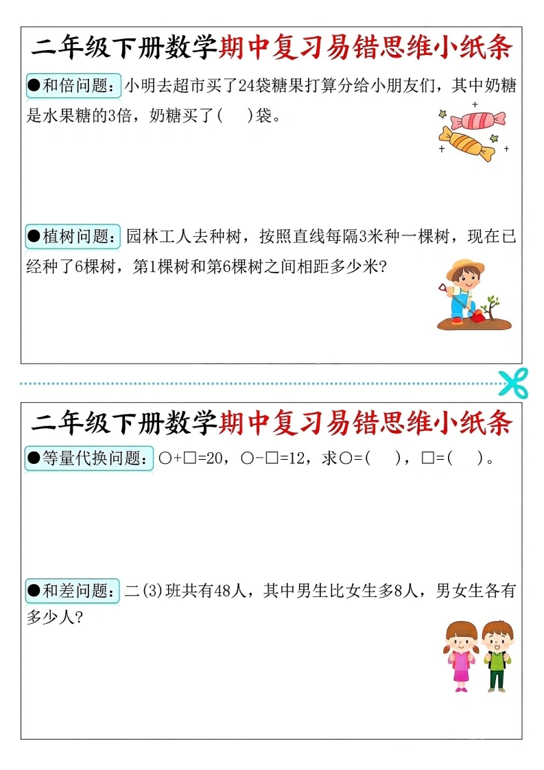 二年级下册数学期中复习易错思维小纸条-学芽网