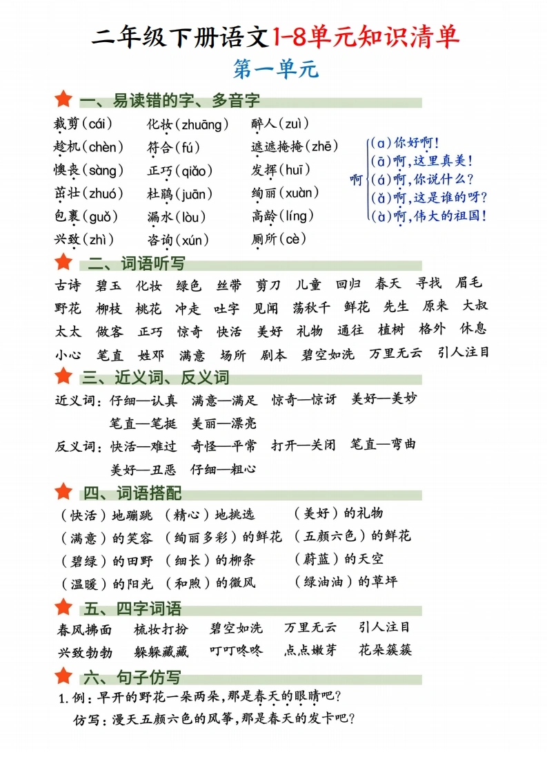 二年级下册语文1-8单元知识清单汇总-学芽网