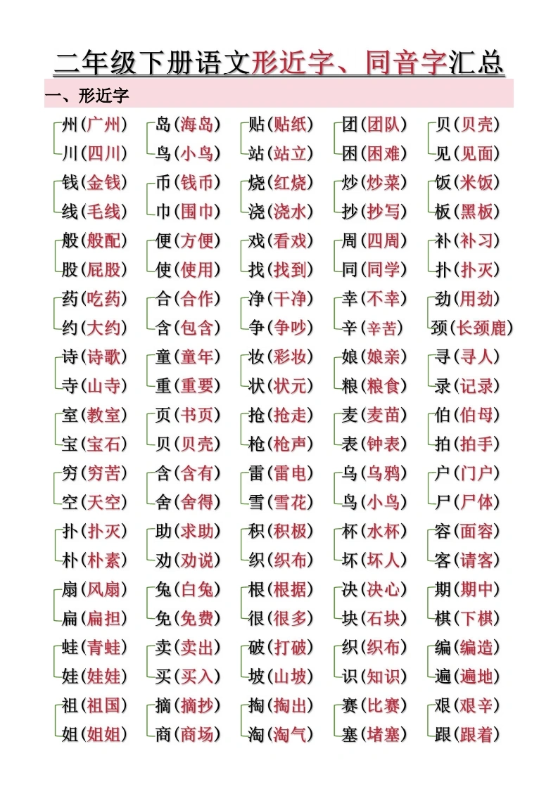 二年级下册语文形近字、同音字汇总（空白-答案）-学芽网