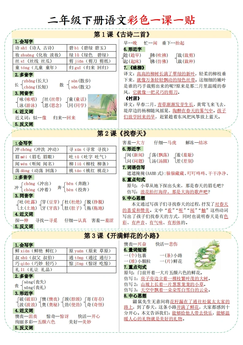 二年级下册语文彩色一课一贴课课贴