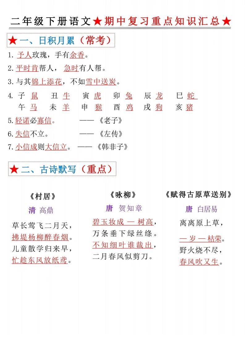 二年级下册语文期中复习重点知识汇总