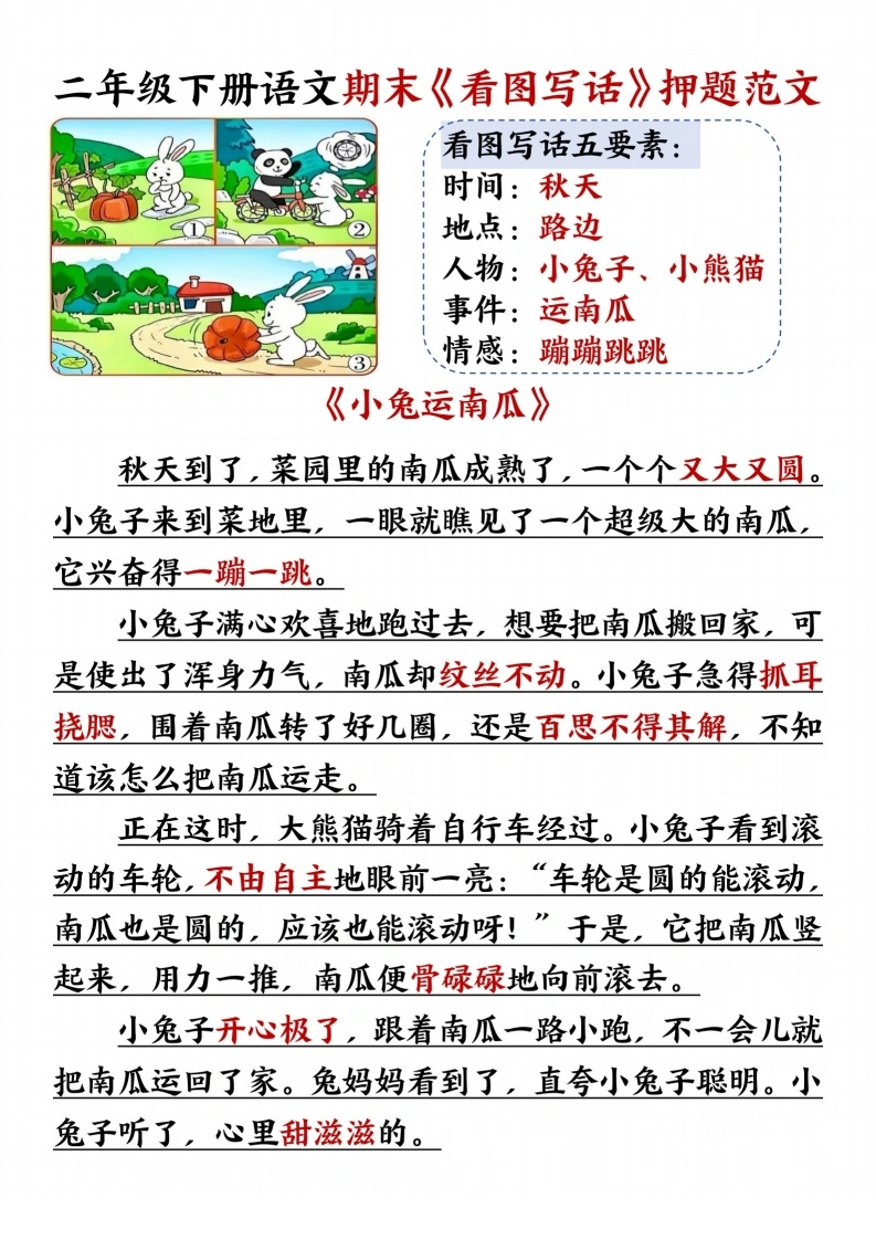 二年级下册语文期末《看图写话》押题范文