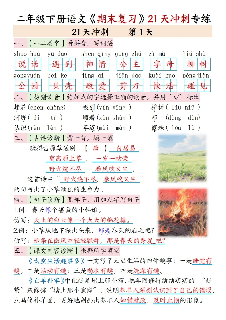 二年级下册语文期末复习21天冲刺专练(空白-答案)