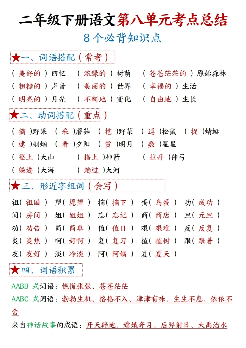 二年级下册语文第八单元考点总结-8个必背知识点-学芽网