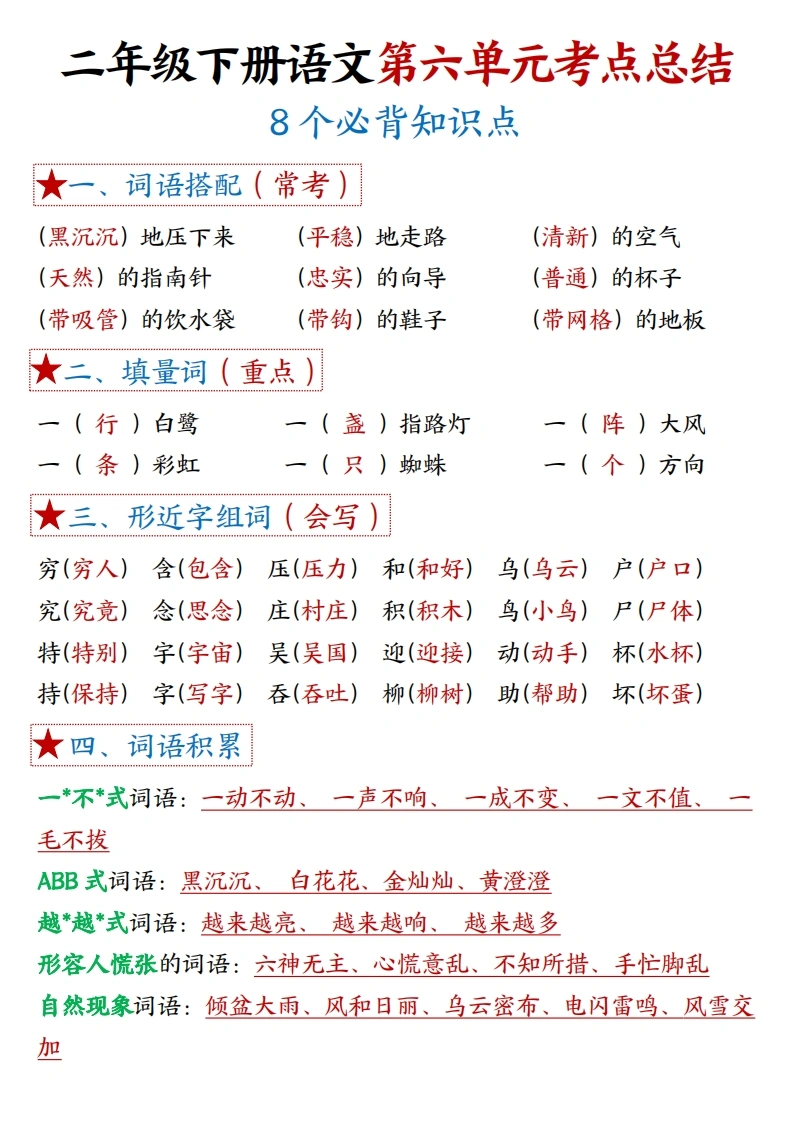 二年级下册语文第六单元考点总结-8个必背知识点-学芽网