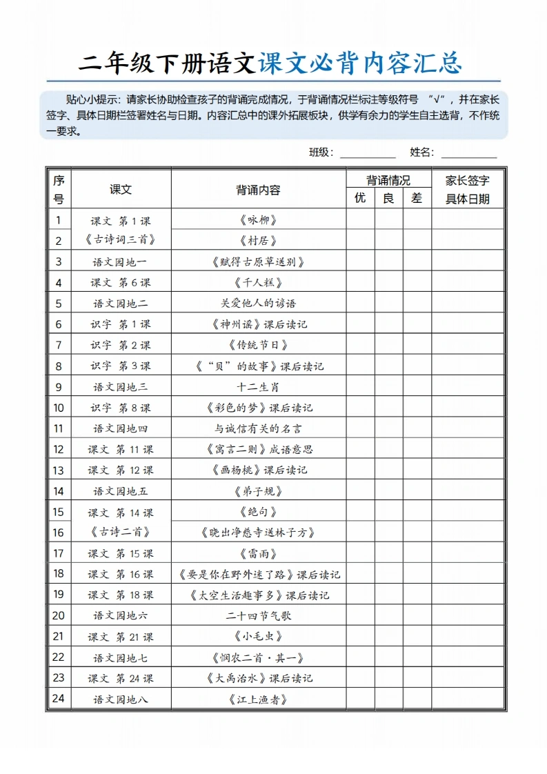 二年级下册语文课文必背内容汇总