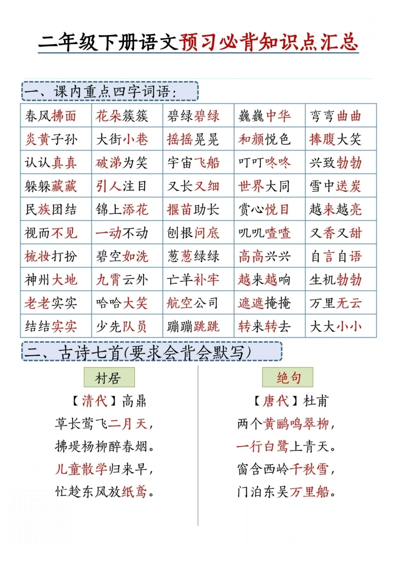 二年级下册语文预习必背知识点汇总