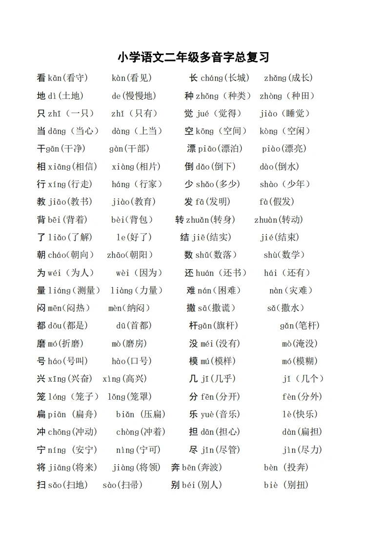 二年级语文上册多音字及组词汇总-学芽网