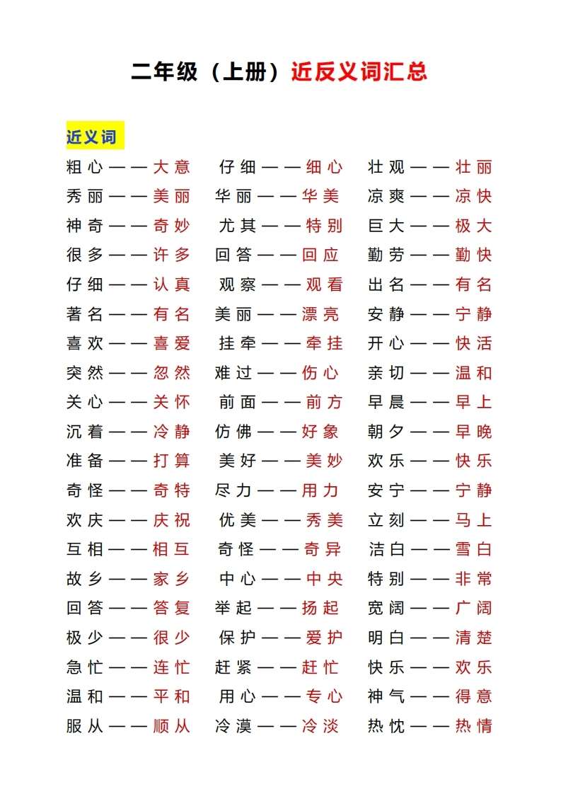 二年级语文上册近反义词汇总-练习-学芽网