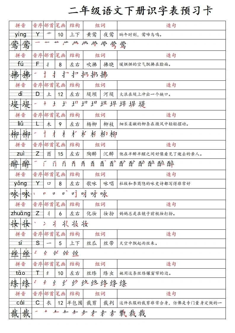 二年级语文下册识字表预习卡-学芽网
