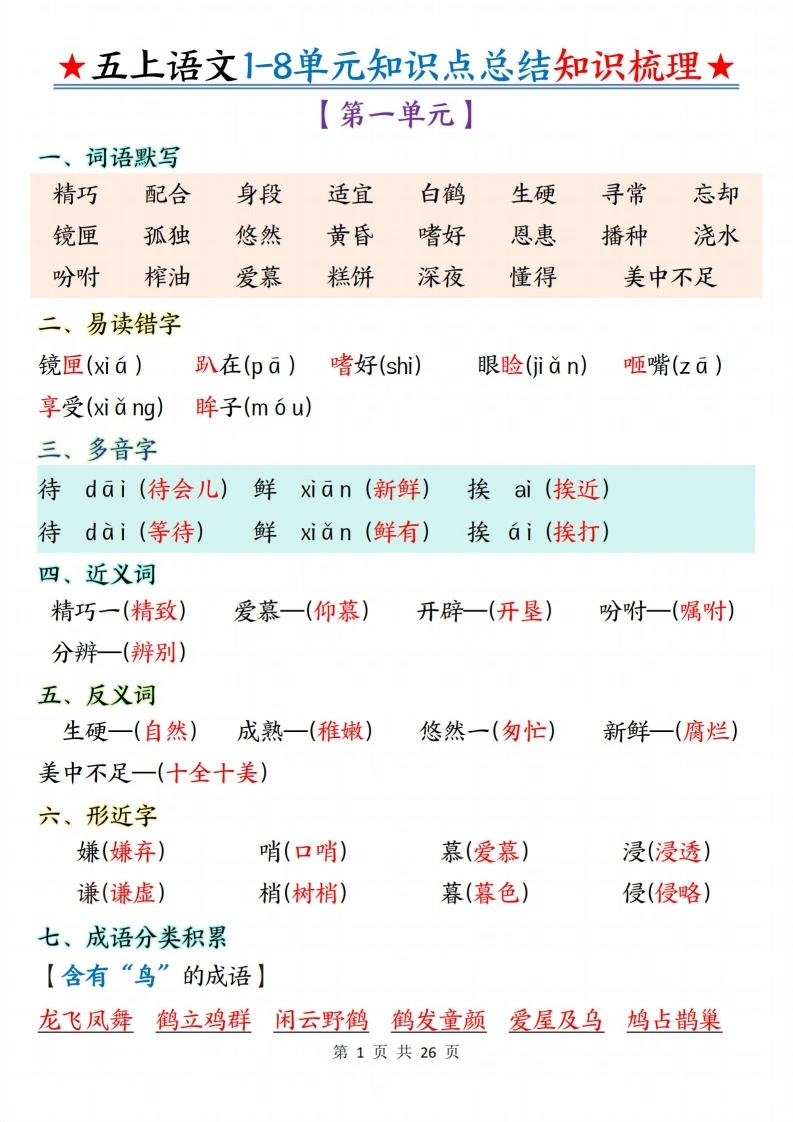 五上语文1-8单元知识点总结知识梳理26页-学芽网
