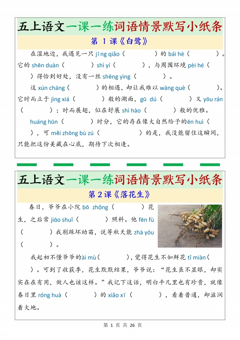 五上语文一课一练词语情景默写小纸条（含答案26页）-学芽网