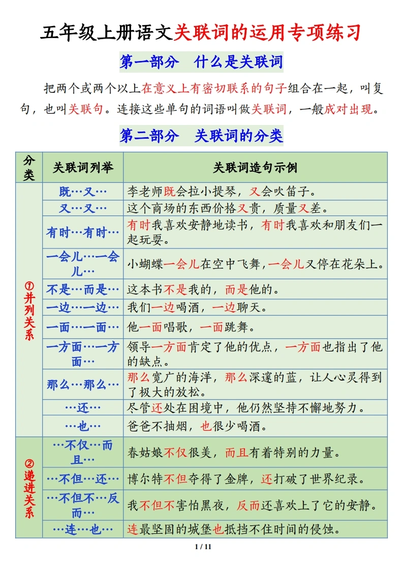 五上语文关联词语的运用专项练习（11页）-学芽网