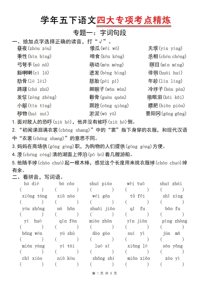 五下语文四大专项考点精炼（专题一：字词句段）-学芽网