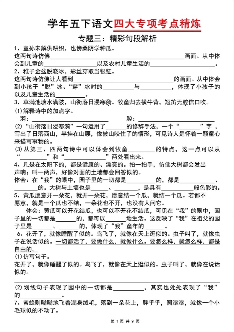 五下语文四大专项考点精炼（专题三：精彩句段解析）-学芽网