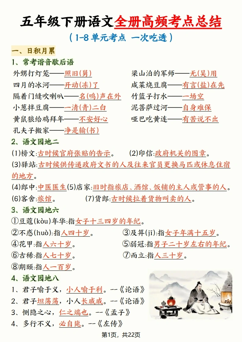五年级下册语文全册高频考点总结-22页-学芽网