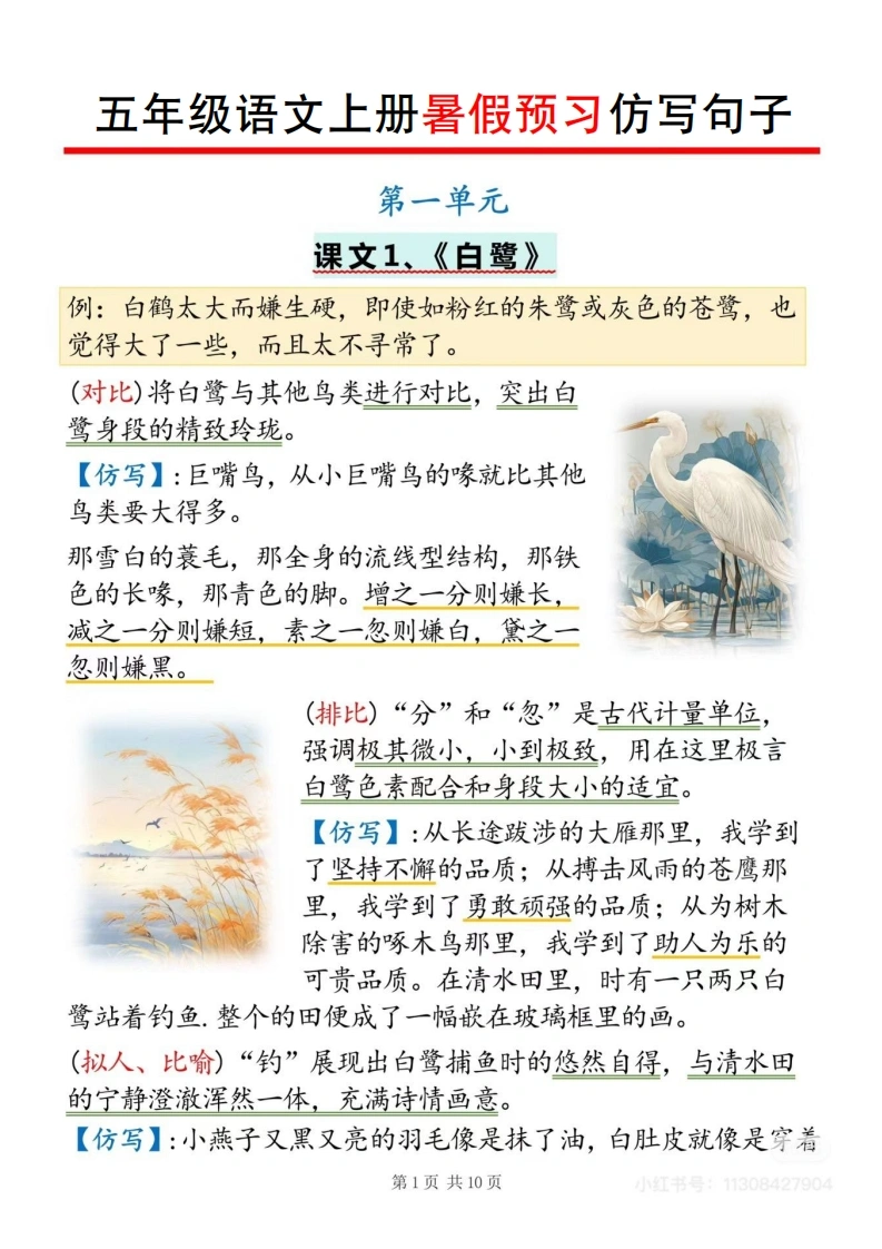 五年级语文上册暑假预习仿写句子-学芽网