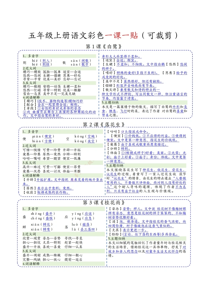 五年级语文上册课课贴（彩色版）-学芽网