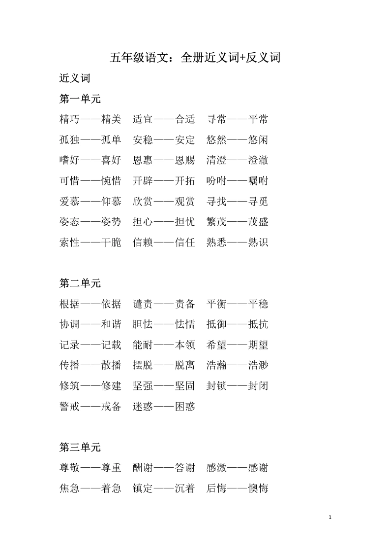 五（上）语文全册：近反义词汇总-学芽网