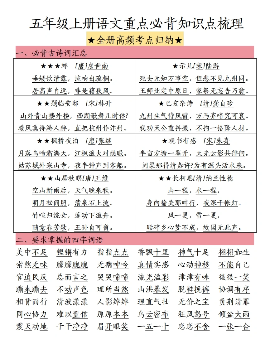 五（上）语文重点必背知识点梳理-学芽网
