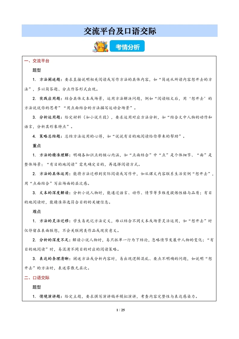 交流平台及口语交际（期中专项训练）六年级语文上学期-学芽网