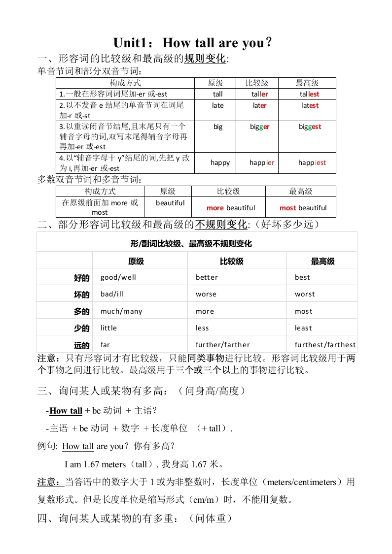 人教PEP版-Unit1-4知识点整合（知识清单）2024-2025学年六年级下册-学芽网