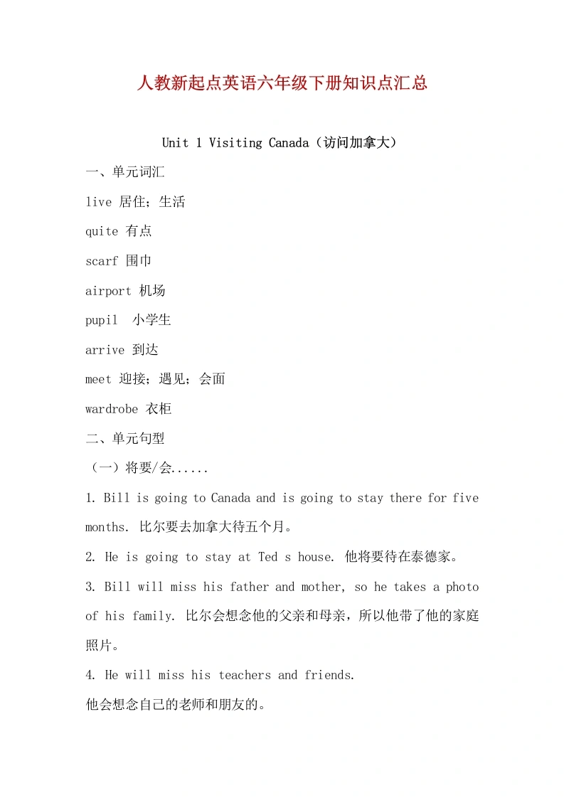 人教新起点-知识考点汇总（知识清单）英语六年级下册-学芽网