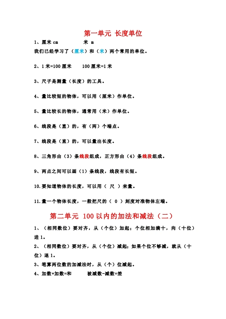人教版二年级数学上册必背公式汇总-学芽网