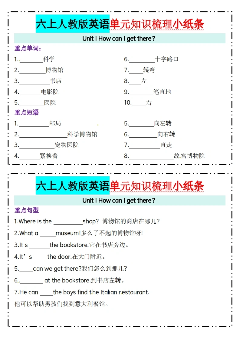 六上人教版pep英语单元知识梳理小纸条-学芽网