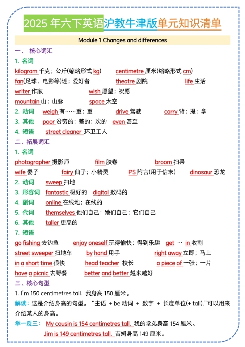 六下牛津沪教单元知识清单-学芽网