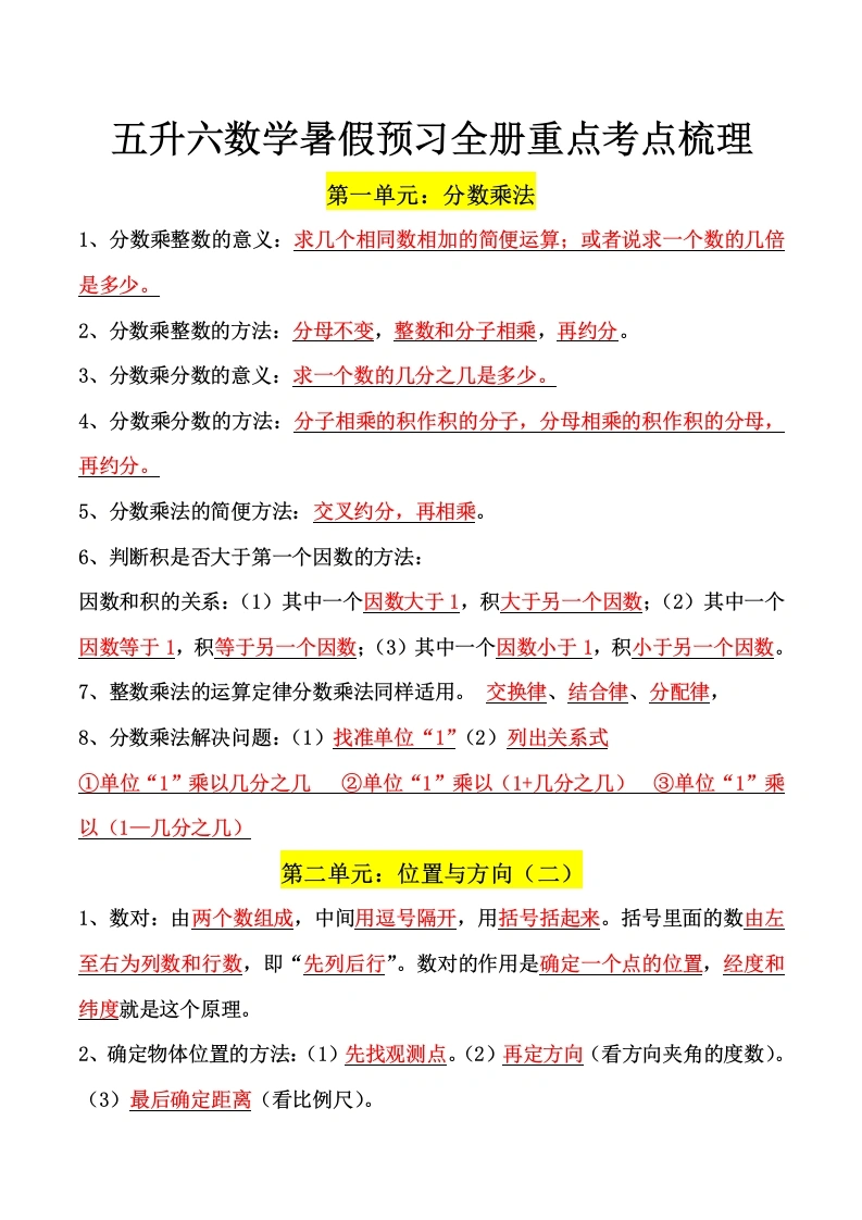 六年级上册数学全册重点考点梳理-学芽网