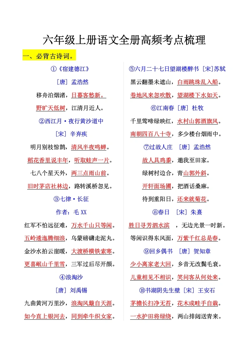 六年级上册语文全册高频考点梳理-学芽网