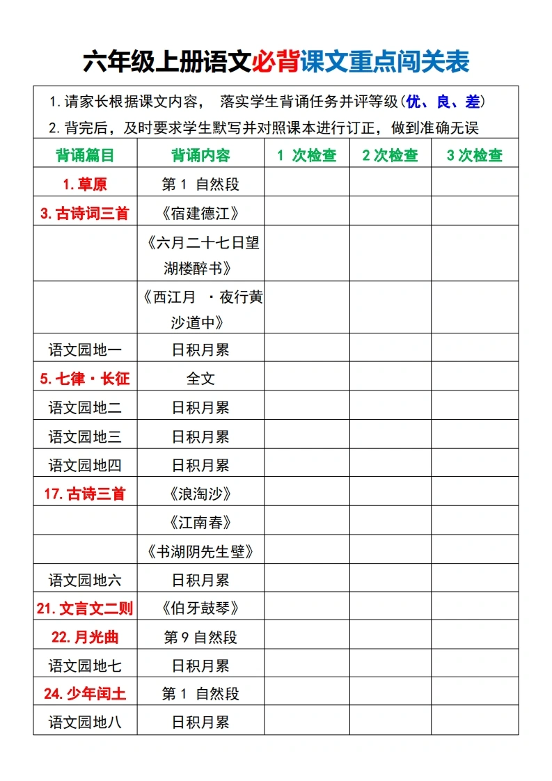 六年级上册语文必背课文重点闯关表-学芽网