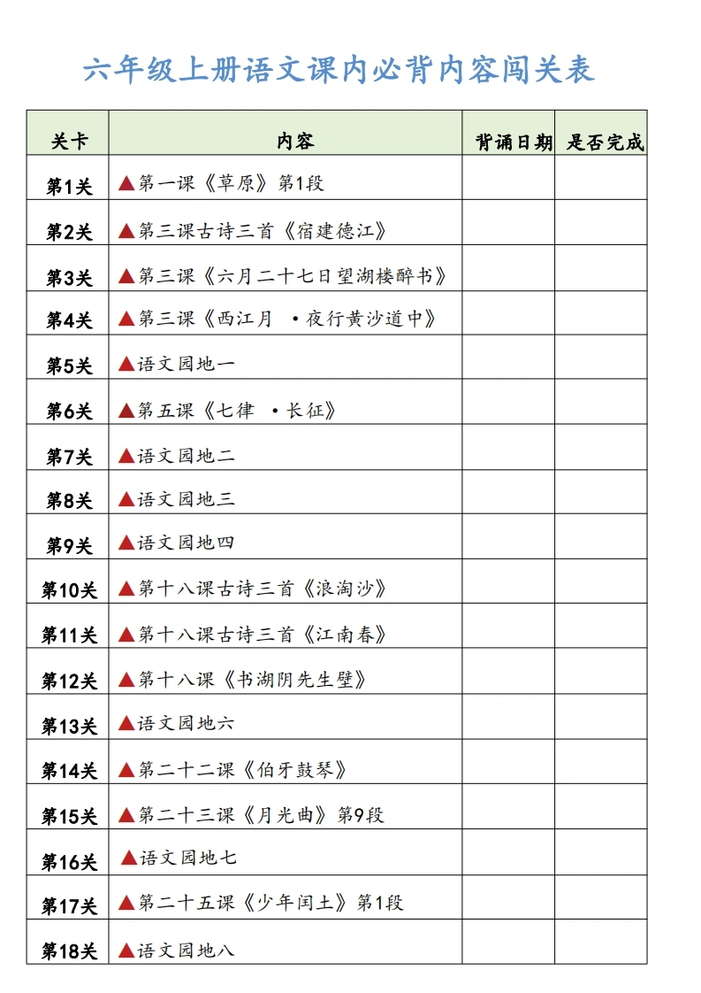 六年级上册语文课内必背内容闯关表-学芽网