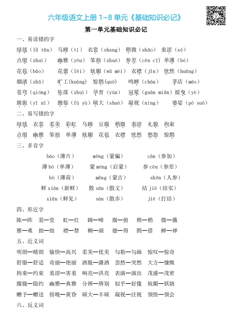 六年级上册：1~8单元《基础知识必记》-学芽网